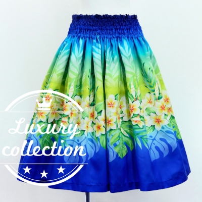 Hula Shantung Pa'u Skirt with Plumeria Lei Print / Luxury Collection / NV & BL / J3147nvbl
