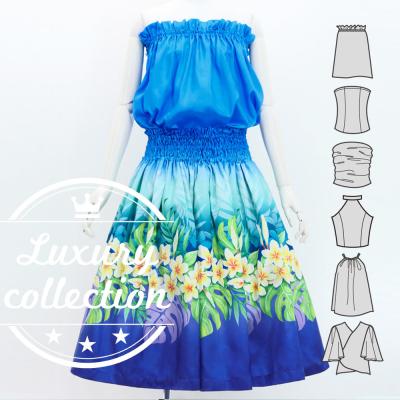 Hula Blouse & Pa'u Set-Up with Plumeria Lei Print / Luxury Collection / J3148lblbl