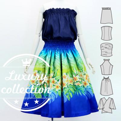 Hula Blouse & Pa'u Set-Up with Plumeria Lei Print / Luxury Collection / J3148nvbl