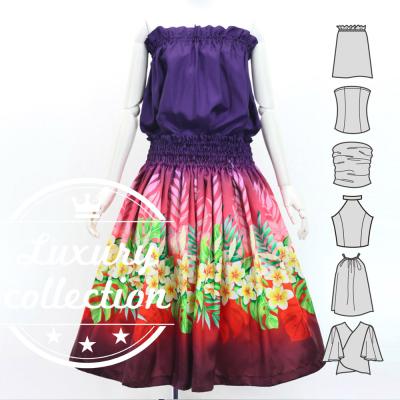 Hula Blouse & Pa'u Set-Up with Plumeria Lei Print / Luxury Collection / J3148purd