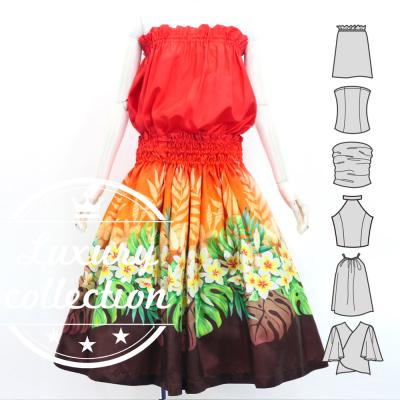 Hula Blouse & Pa'u Set-Up with Plumeria Lei Print / Luxury Collection / J3148rdbr