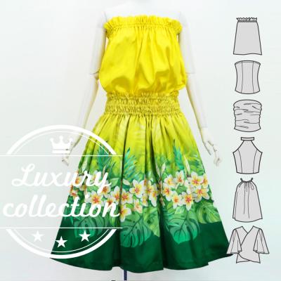 Hula Blouse & Pa'u Set-Up with Plumeria Lei Print / Luxury Collection / J3148yegr