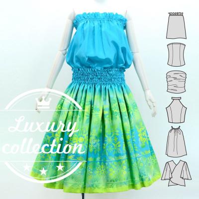 Hula Blouse & Pa'u Set-Up with Hawaiian Quilt Print / Luxury Collection / J3150-7