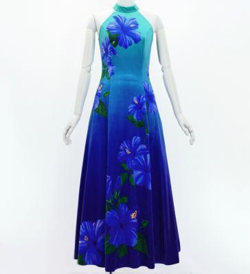 Hula Long Hibiscus Dress with Velvet / Luxury Collection / Blue & Navy/ J3151blnv