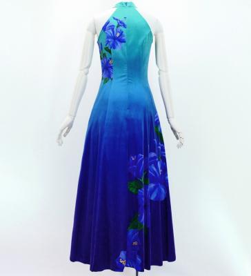 Hula Long Hibiscus Dress with Velvet / Luxury Collection / Blue & Navy/ J3151blnv