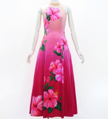 Hula Long Hibiscus Dress with Velvet / Luxury Collection / Cream & Pink/ J3151crpi