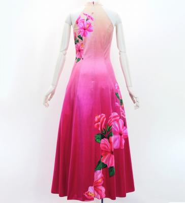 Hula Long Hibiscus Dress with Velvet / Luxury Collection / Cream & Pink/ J3151crpi