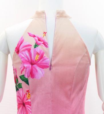 Hula Long Hibiscus Dress with Velvet / Luxury Collection / Cream & Pink/ J3151crpi