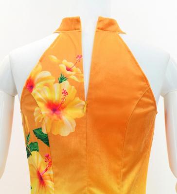 Hula Long Hibiscus Dress with Velvet / Luxury Collection / Orange & Aqua / J3151oraq