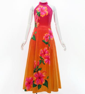 Hula Long Hibiscus Dress with Velvet / Luxury Collection / Pink & Orange / J3151pior