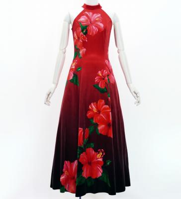 Hula Long Hibiscus Dress with Velvet / Luxury Collection / Red & Black / J3151rdbk