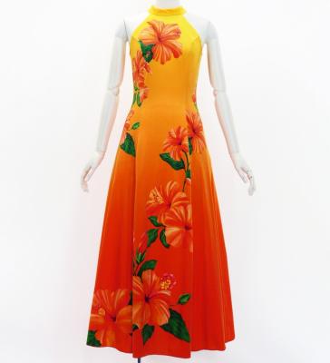 Hula Long Hibiscus Dress with Velvet / Luxury Collection / Yellow & Orange / J3151yeor