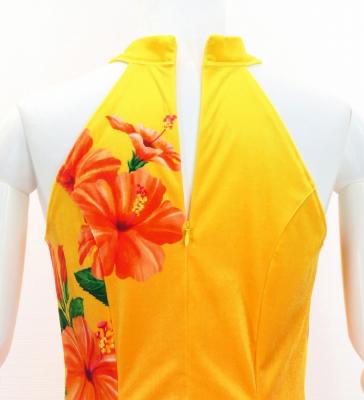 Hula Long Hibiscus Dress with Velvet / Luxury Collection / Yellow & Orange / J3151yeor