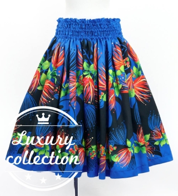 Hula Shantung Pa'u Skirt with Lehua Print / Luxury Collection / Blue / J3154bl