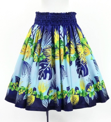 Hula Shantung Pa'u Skirt with Lehua Print / Luxury Collection / Navy / J3154nv