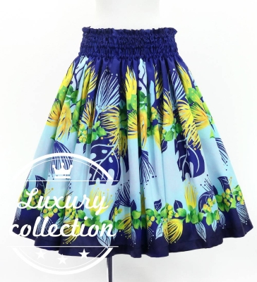 Hula Shantung Pa'u Skirt with Lehua Print / Luxury Collection / Navy / J3154nv