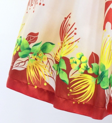 Hula Shantung Pa'u Skirt with Lehua Print / Luxury Collection / Red & Beige / J3154rdbe