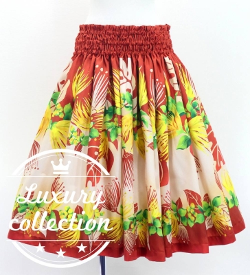 Hula Shantung Pa'u Skirt with Lehua Print / Luxury Collection / Red & Beige / J3154rdbe