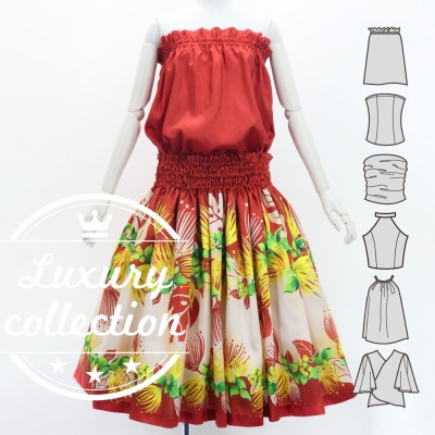 Hula Blouse & Pa'u Set-Up with Lehua Print / Luxury Collection / J3155rdbe