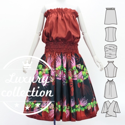Hula Blouse & Pa'u Set-Up with Lehua Print / Luxury Collection / J3155rdbk