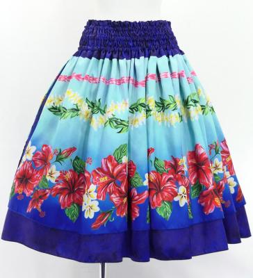 Hula Double Shantung Pa'u Skirt with Hibiscus Print / Luxury Collection / Blue / J3156bl