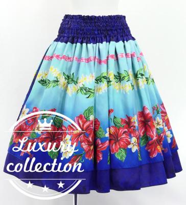 Hula Double Shantung Pa'u Skirt with Hibiscus Print / Luxury Collection / Blue / J3156bl