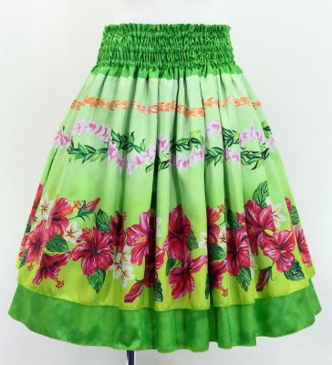 Hula Double Shantung Pa'u Skirt with Hibiscus Print / Luxury Collection / Green / J3156gr