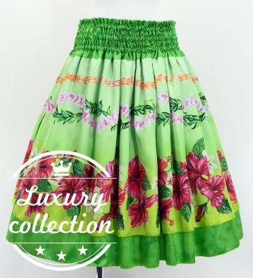 Hula Double Shantung Pa'u Skirt with Hibiscus Print / Luxury Collection / Green / J3156gr