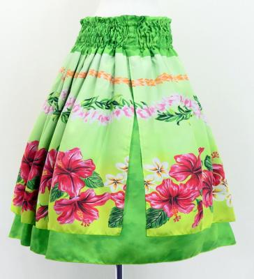 Hula Double Shantung Pa'u Skirt with Hibiscus Print / Luxury Collection / Green / J3156gr