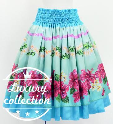 Hula Double Shantung Pa'u Skirt with Hibiscus Print / Luxury Collection / Light Blue / J3156lbl