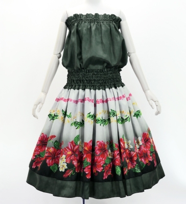 Hula Blouse &  Double Pa'u Set-Up with Hibiscus Print / Luxury Collection / J3157bk