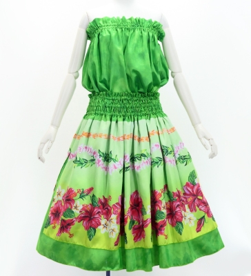 Hula Blouse &  Double Pa'u Set-Up with Hibiscus Print / Luxury Collection / J3157gr