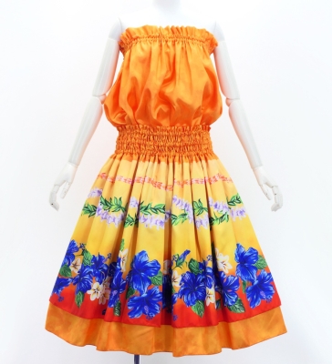 Hula Blouse &  Double Pa'u Set-Up with Hibiscus Print / Luxury Collection / J3157or