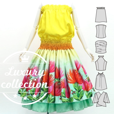 Hula Blouse & Double Pa'u Set-Up with Lehua Print / Luxury Collection / J3164-1