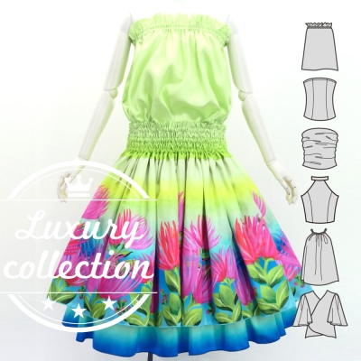 Hula Blouse & Double Pa'u Set-Up with Lehua Print / Luxury Collection / J3164-2