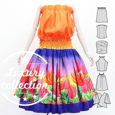 Hula Blouse & Double Pa'u Set-Up with Lehua Print / Luxury Collection / J3164-5