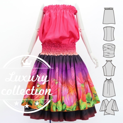 Hula Blouse & Double Pa'u Set-Up with Lehua Print / Luxury Collection / J3164-6