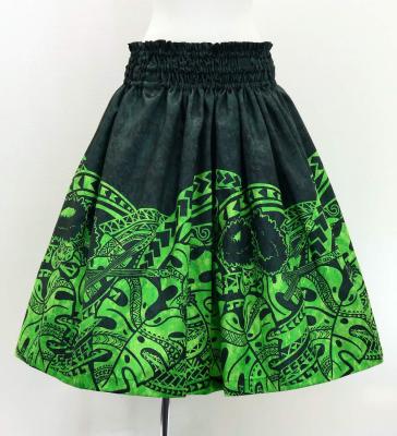Hula Shantung Pa'u Skirt with Musical instrument & Kahiko Print / Luxury Collection / Black & Green / J3165bkgr