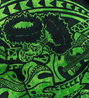 Hula Shantung Pa'u Skirt with Musical instrument & Kahiko Print / Luxury Collection / Black & Green / J3165bkgr