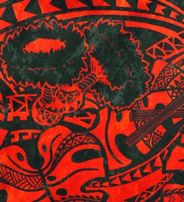 Hula Shantung Pa'u Skirt with Musical instrument & Kahiko Print / Luxury Collection / Black & Red / J3165bkrd