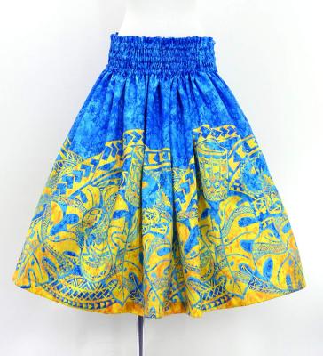 Hula Shantung Pa'u Skirt with Musical instrument & Kahiko Print / Luxury Collection / Blue / J3165bl