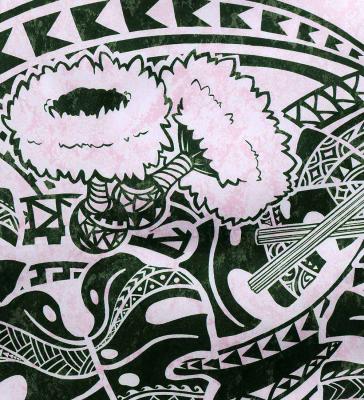 Hula Shantung Pa'u Skirt with Musical instrument & Kahiko Print / Luxury Collection / Pink / J3165pi