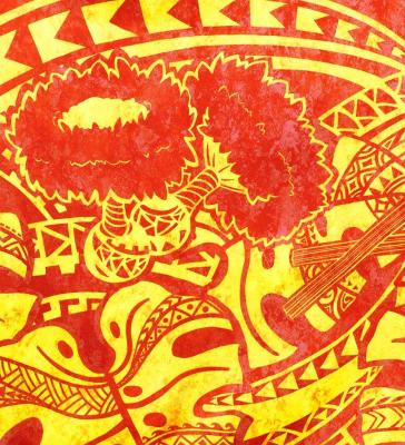 Hula Shantung Pa'u Skirt with Musical instrument & Kahiko Print / Luxury Collection / Red / J3165rd