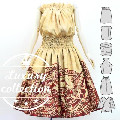 Hula Blouse & Pa'u Set-Up with Musical instrument & Kahiko Print / Luxury Collection / Beige / J3166be
