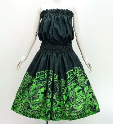 Hula Blouse & Pa'u Set-Up with Musical instrument & Kahiko Print / Luxury Collection / Black & Green / J3166bkgr