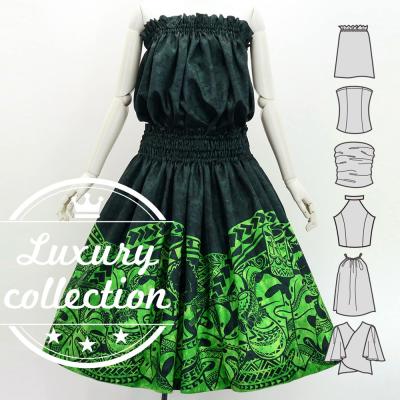 Hula Blouse & Pa'u Set-Up with Musical instrument & Kahiko Print / Luxury Collection / Black & Green / J3166bkgr