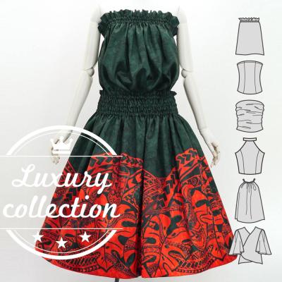 Hula Blouse & Pa'u Set-Up with Musical instrument & Kahiko Print / Luxury Collection / Black & Red / J3166bkrd