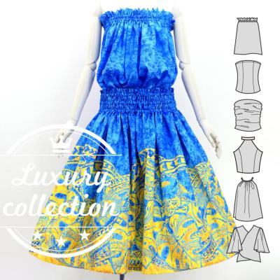 Hula Blouse & Pa'u Set-Up with Musical instrument & Kahiko Print / Luxury Collection / Blue / J3166bl