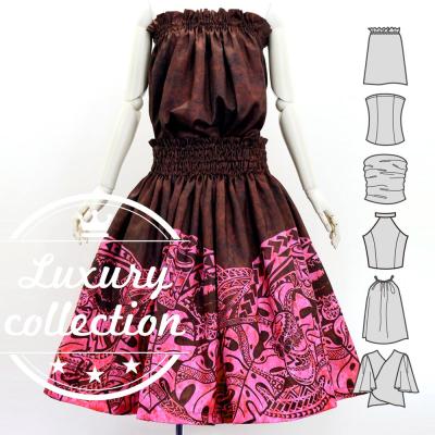 Hula Blouse & Pa'u Set-Up with Musical instrument & Kahiko Print / Luxury Collection / Brown / J3166br