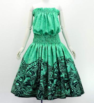 Hula Blouse & Pa'u Set-Up with Musical instrument & Kahiko Print / Luxury Collection / Light Green / J3166lgr